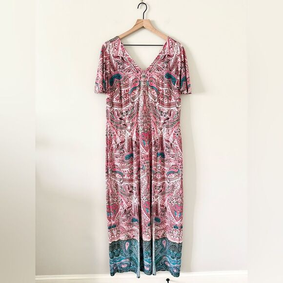 London Times Maxi Dress with Flutter Sleeve in Pink Teal Multi Paisley - Size 1X - Picture 1 of 5